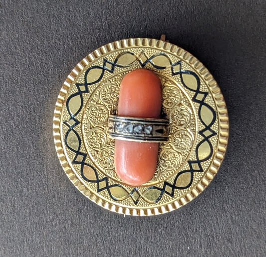 14k Gold Late 1890 Coral and Mine Cut Diamond Brooch