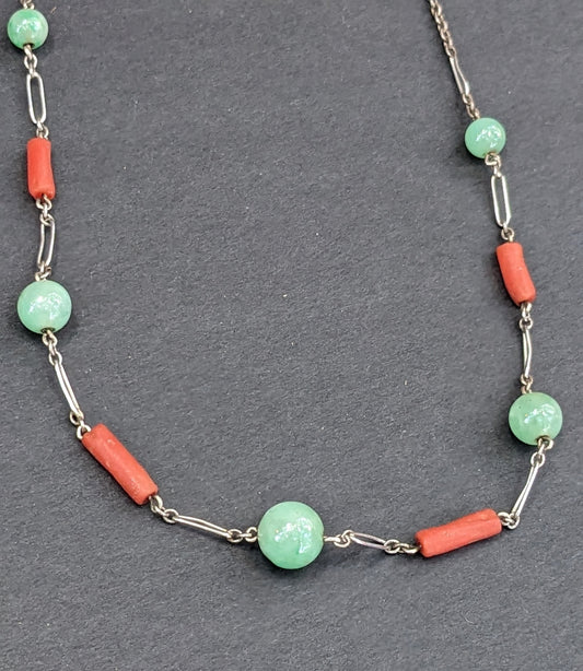 Art Deco Sterling Coral and Jade Necklace