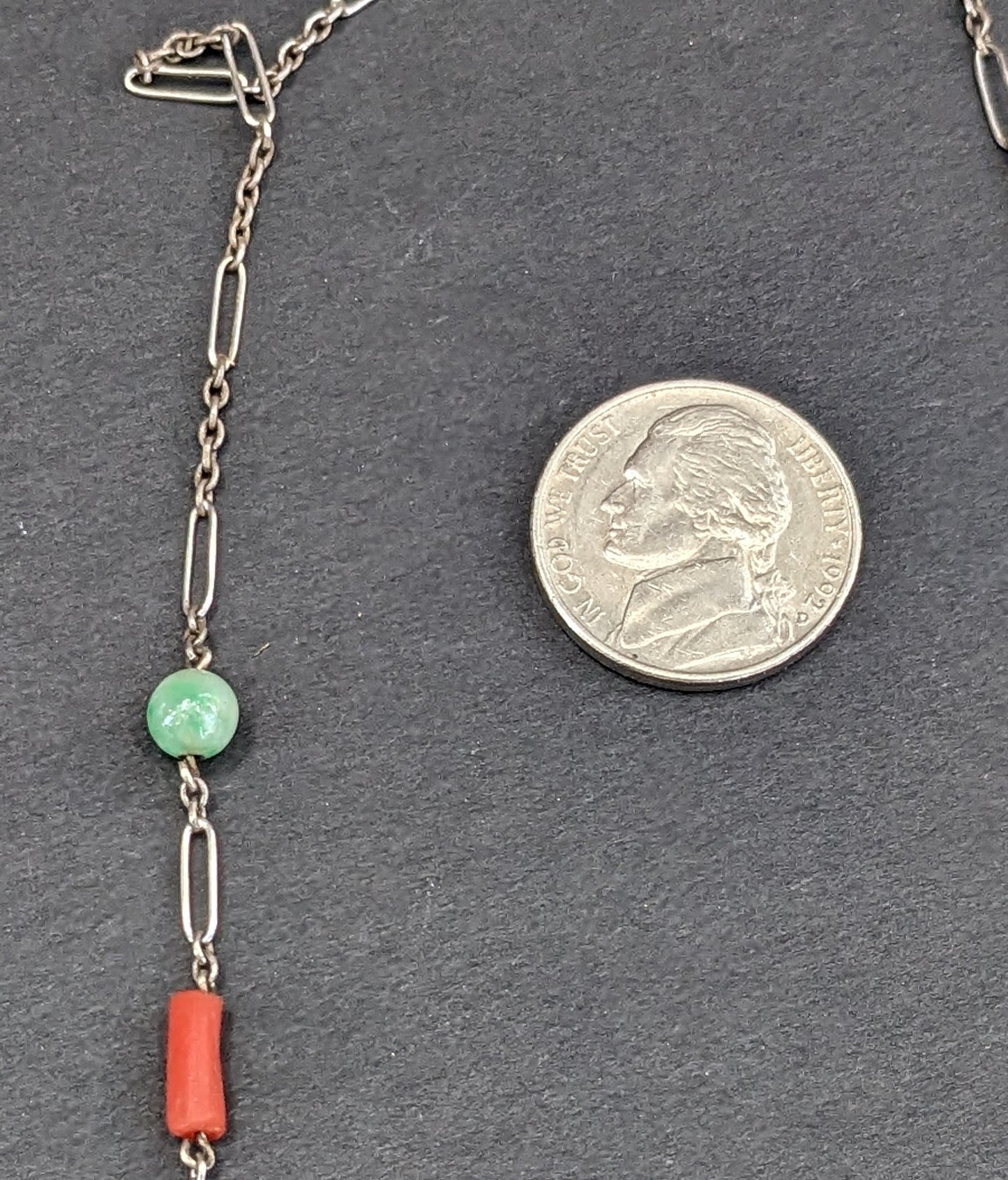 Art Deco Sterling Coral and Jade Necklace