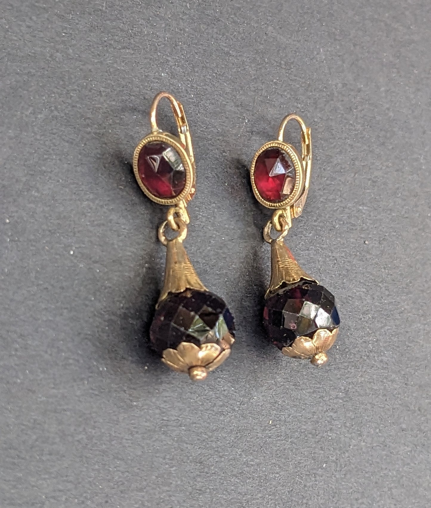 Victorian 18k garnet drop earrings on 14 leverbacks