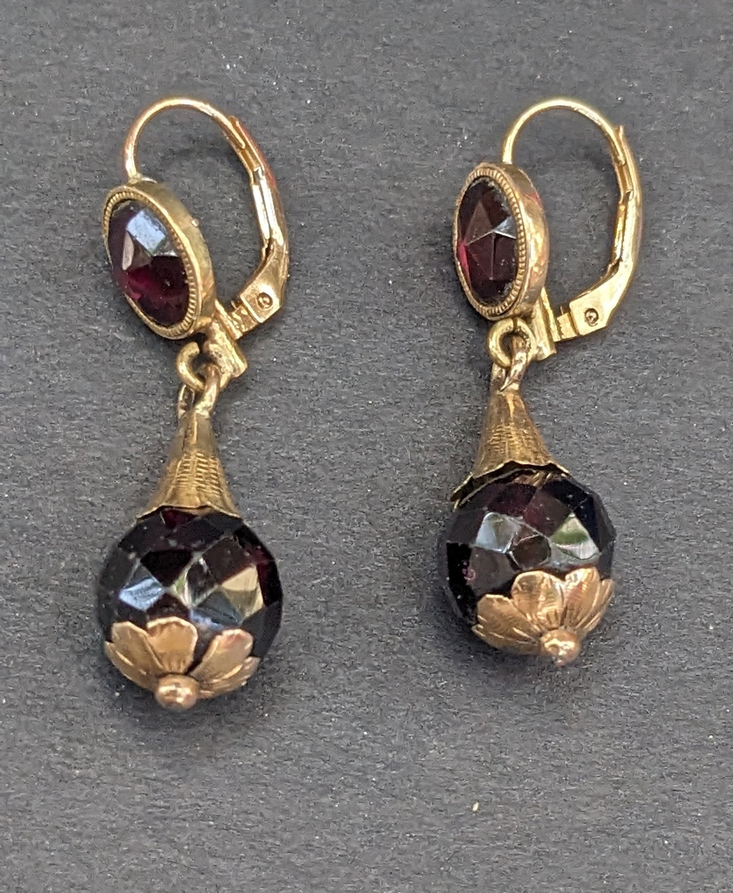 Victorian 18k garnet drop earrings on 14 leverbacks