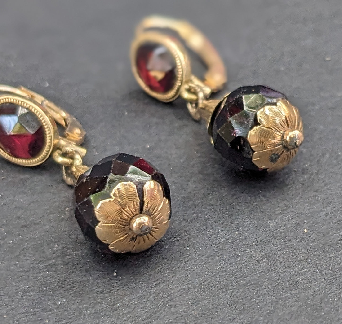 Victorian 18k garnet drop earrings on 14 leverbacks