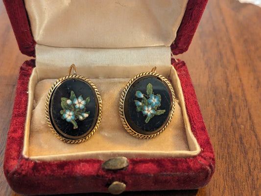 14k Pietra Dura Leverback Earrings Blue Floral Motif