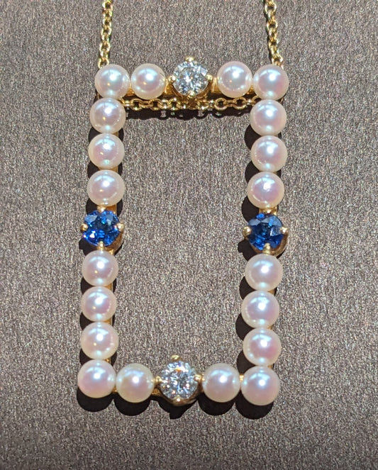 Diamond, sapphire and pearl 14 rectangular necklace