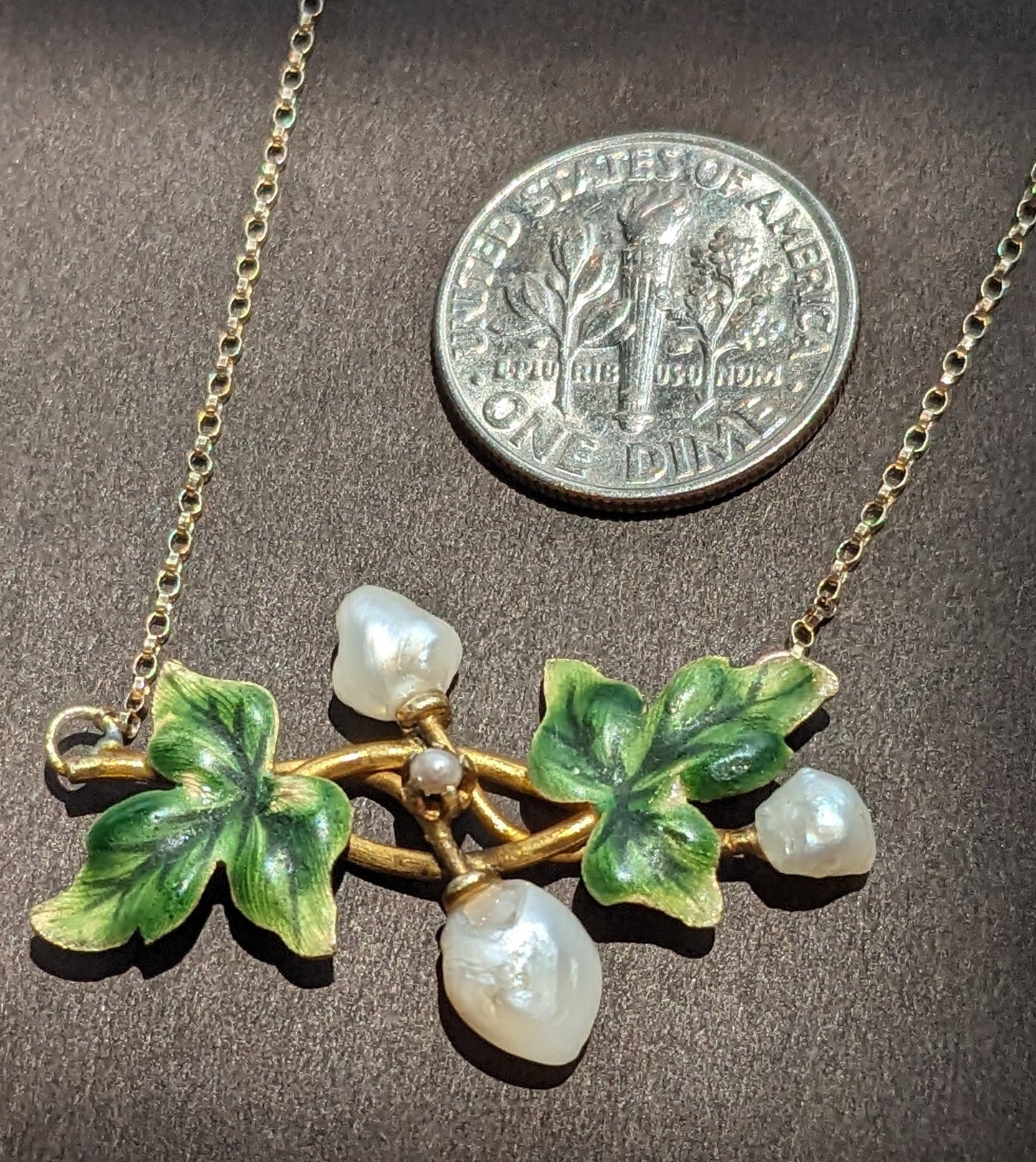 Art Nouveau enamel ivy and natural pearl necklace