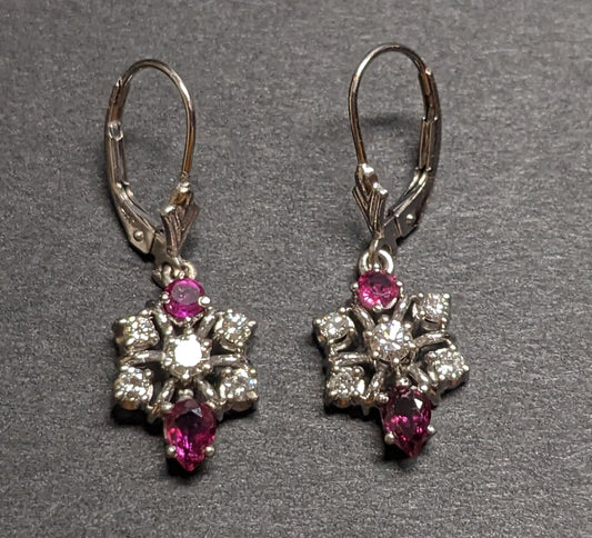 Ruby and diamond cluster drop earrings