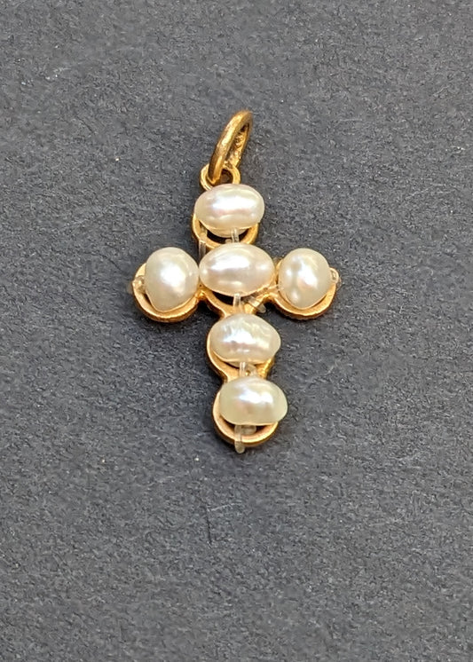 10k Gold and natural Pearl Cross Pendant