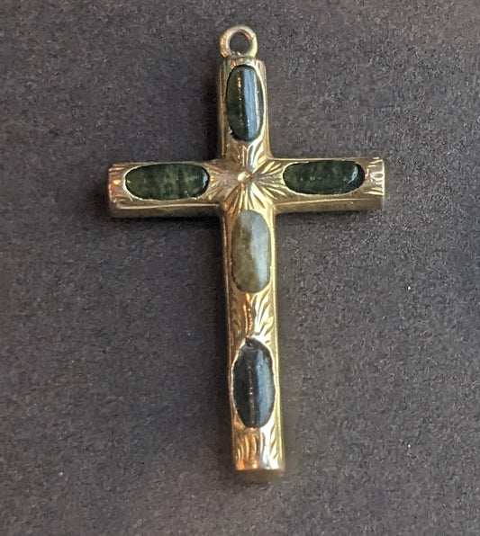 19th Century Gold 9k Connemara Marble Cross Pendant