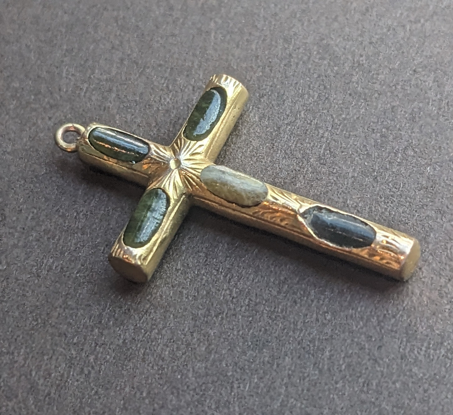 19th Century Gold 9k Connemara Marble Cross Pendant