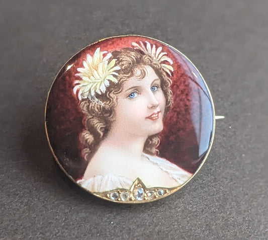 18K Enamel Belle Epoch Portrait Brooch with diamond