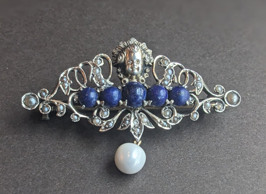 Sterling & gold Putti brooch with lapis and pearls