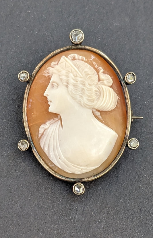 Silver and Diamond Rose Cut Cameo Figural Brooch