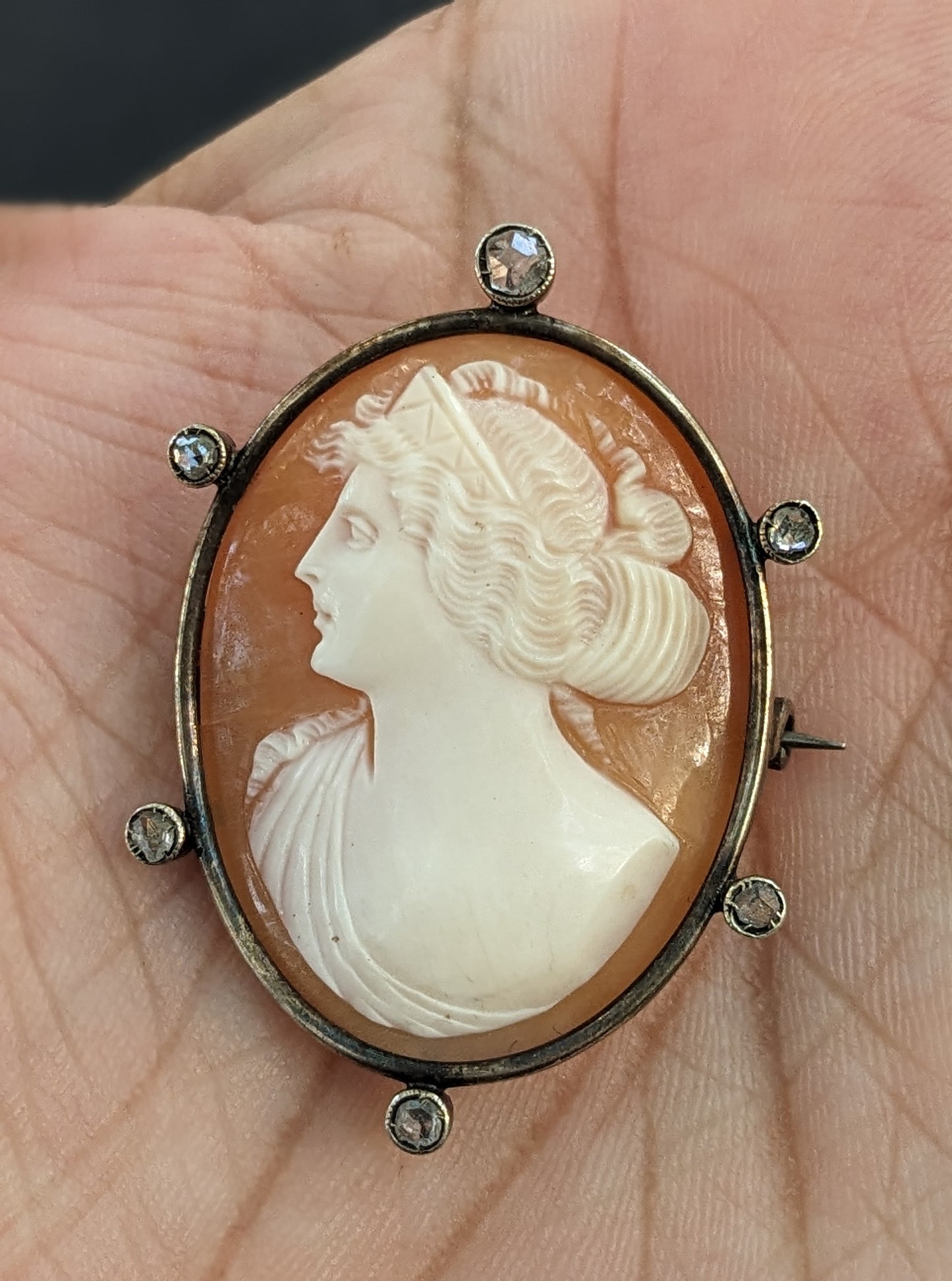 Silver and Diamond Rose Cut Cameo Figural Brooch