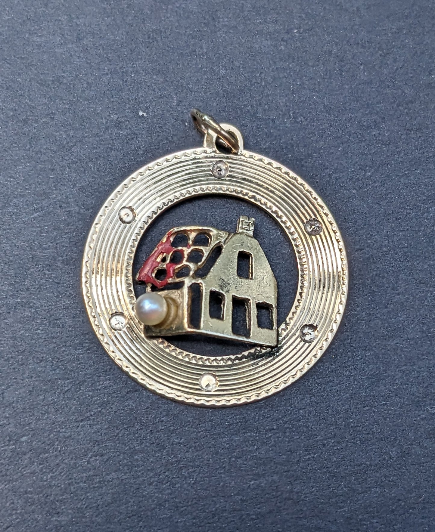 1960s 14k Gold Enamel and Pearl Home Charm