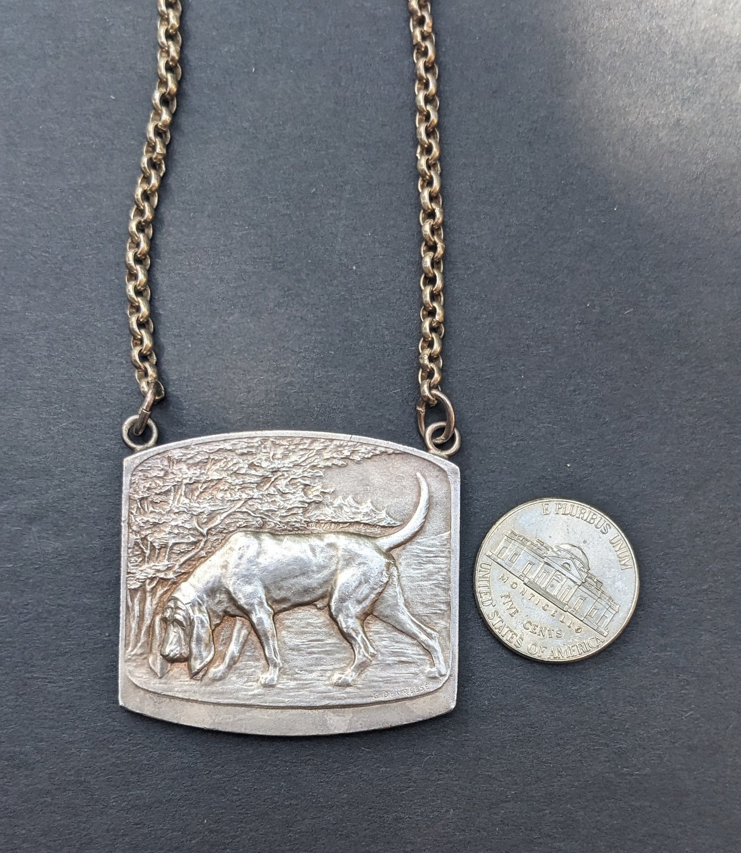 French 1910 Blood Hound Medal on Sterling Chain