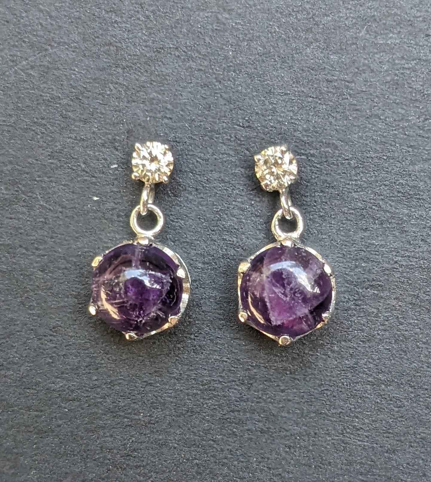 Amethyst cabochon earrings in 14kt with diamonds