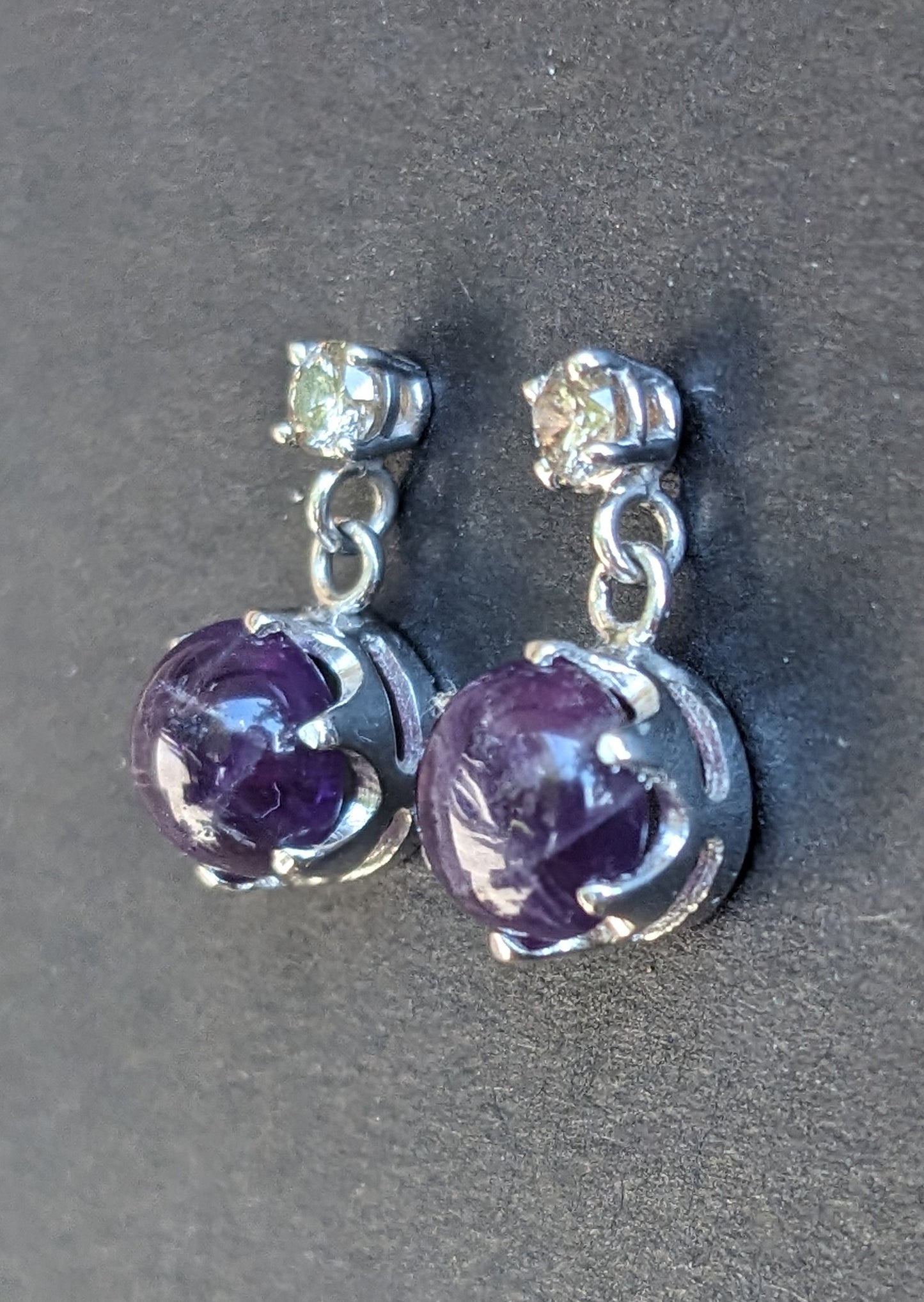 Amethyst cabochon earrings in 14kt with diamonds