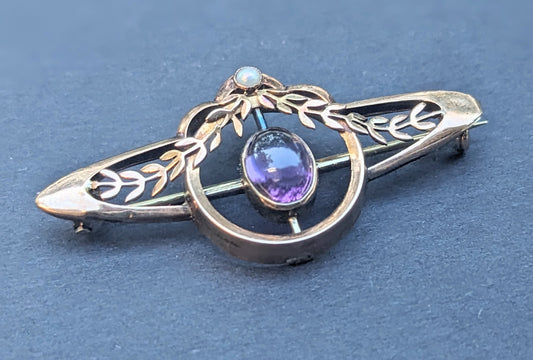 8k rose gold German amethyst and pearl brooch