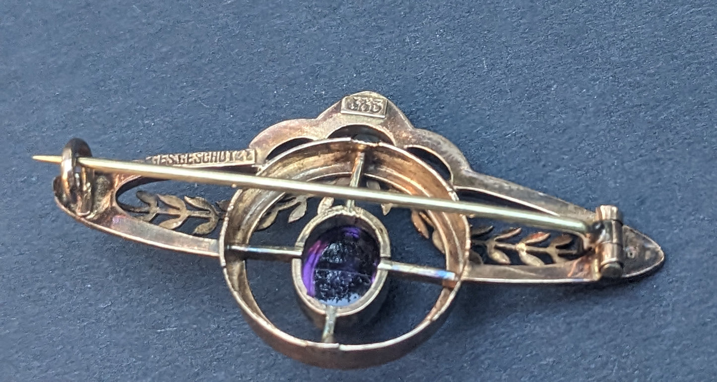 8k rose gold German amethyst and pearl brooch