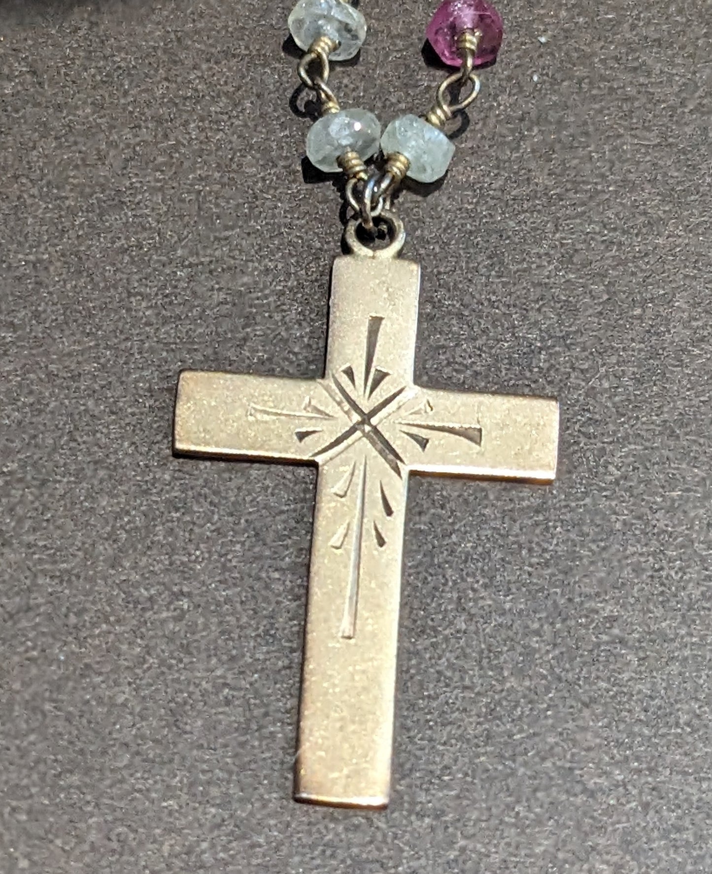 9k Hand Engraved 1900s Cross on Multi Colored Sapphire Chain