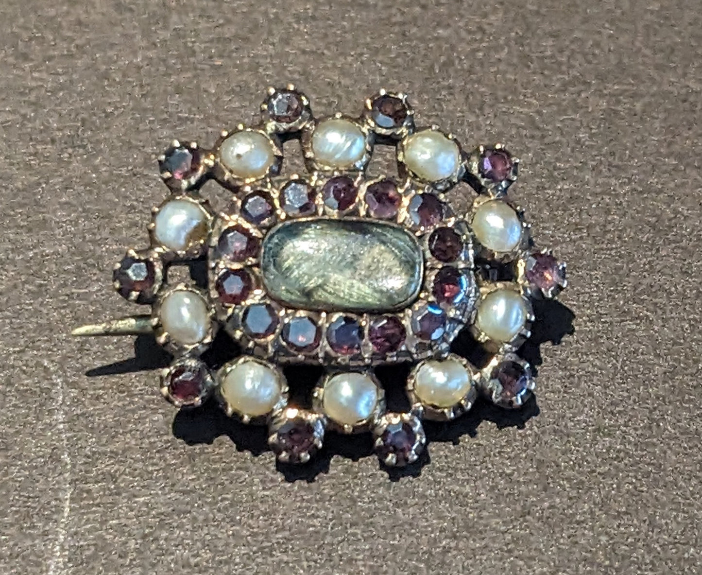 Civil War Era mourning brooch, garnet & pearl