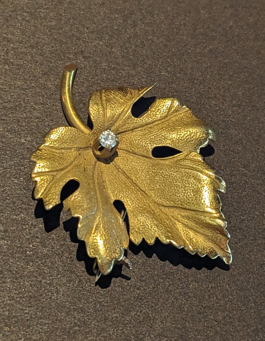 14k and Diamond Leaf Brooch