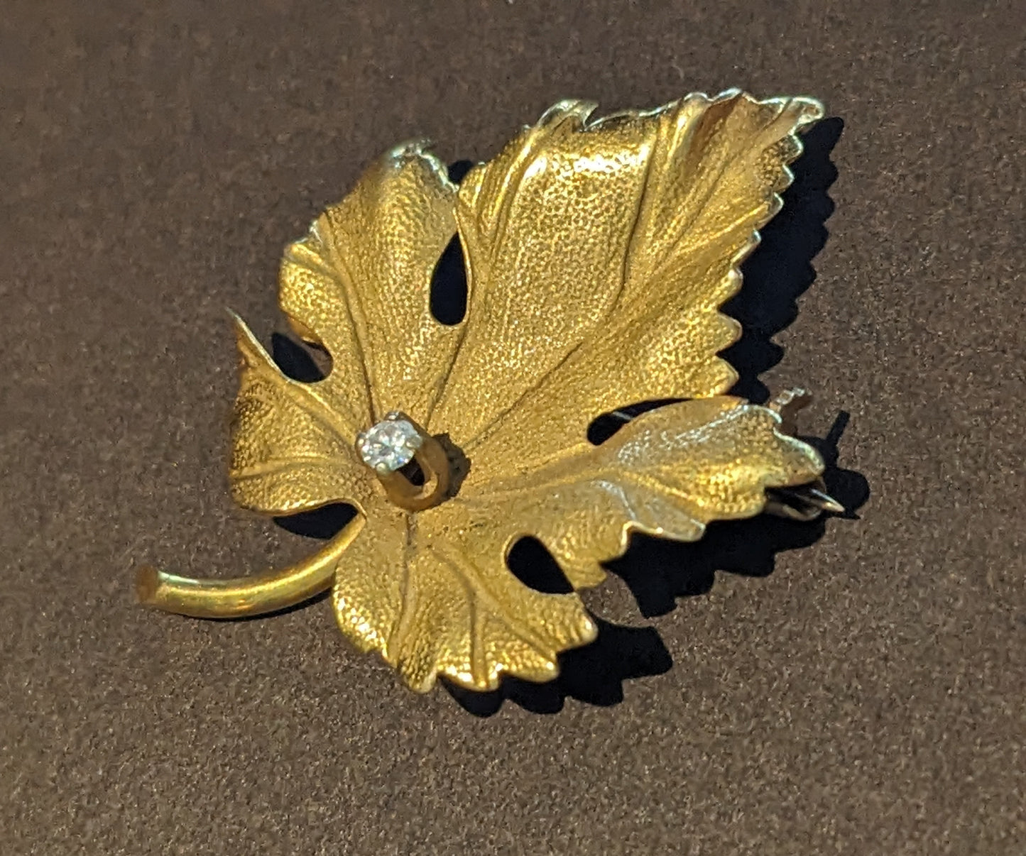 14k and Diamond Leaf Brooch