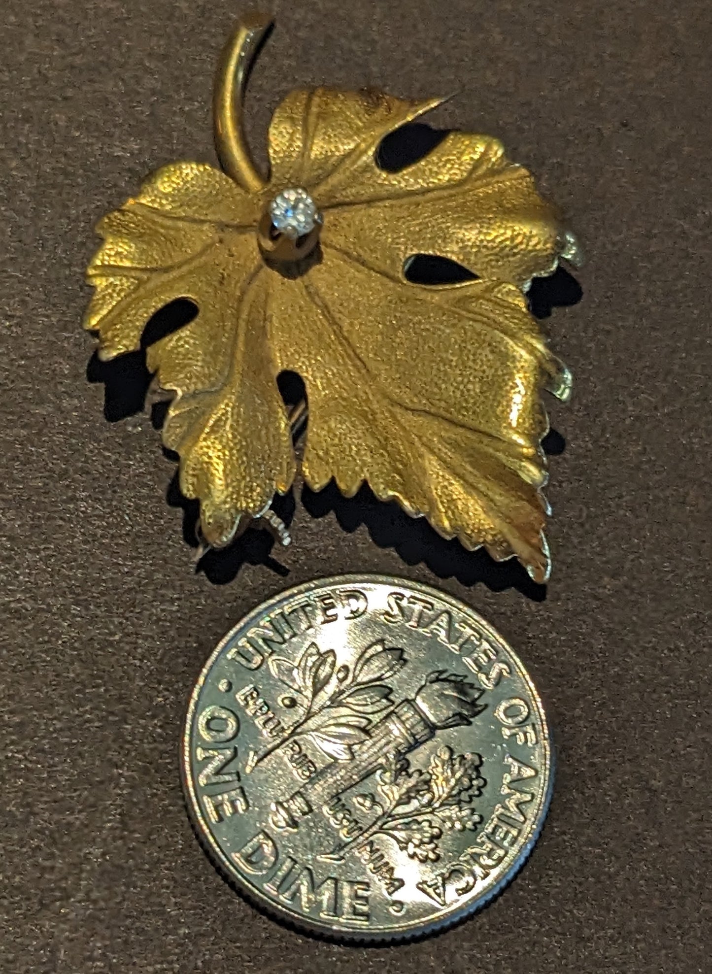 14k and Diamond Leaf Brooch