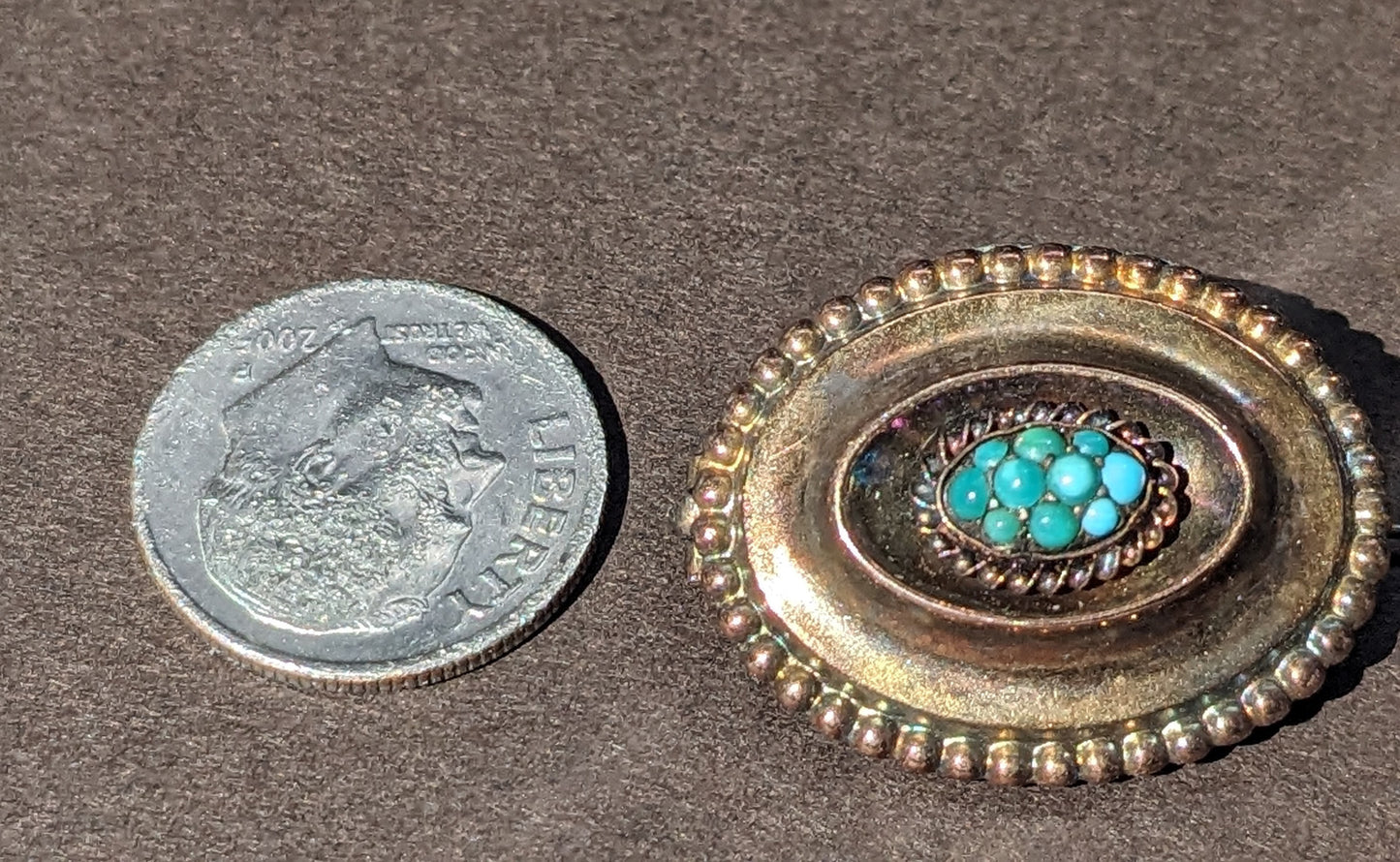 Turquoise, Crystal, and 16k Gold French Mourning Brooch