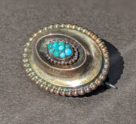 Turquoise, Crystal, and 16k Gold French Mourning Brooch