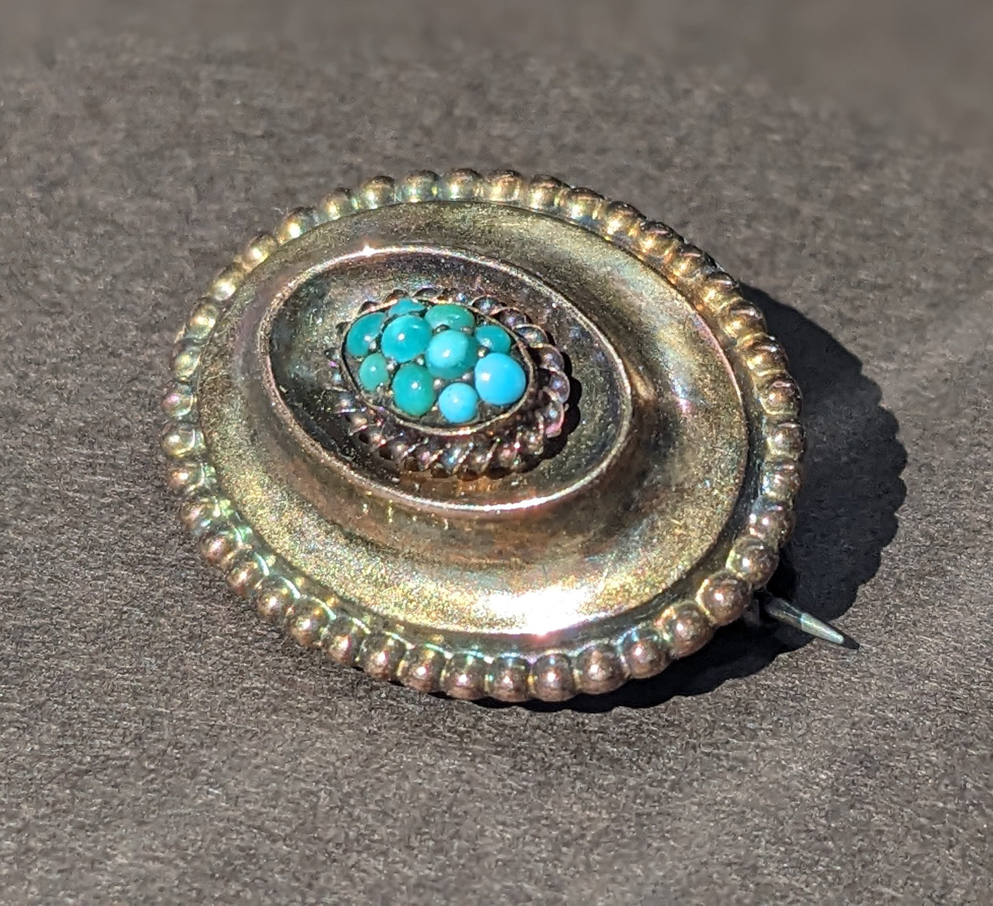 Turquoise, Crystal, and 16k Gold French Mourning Brooch