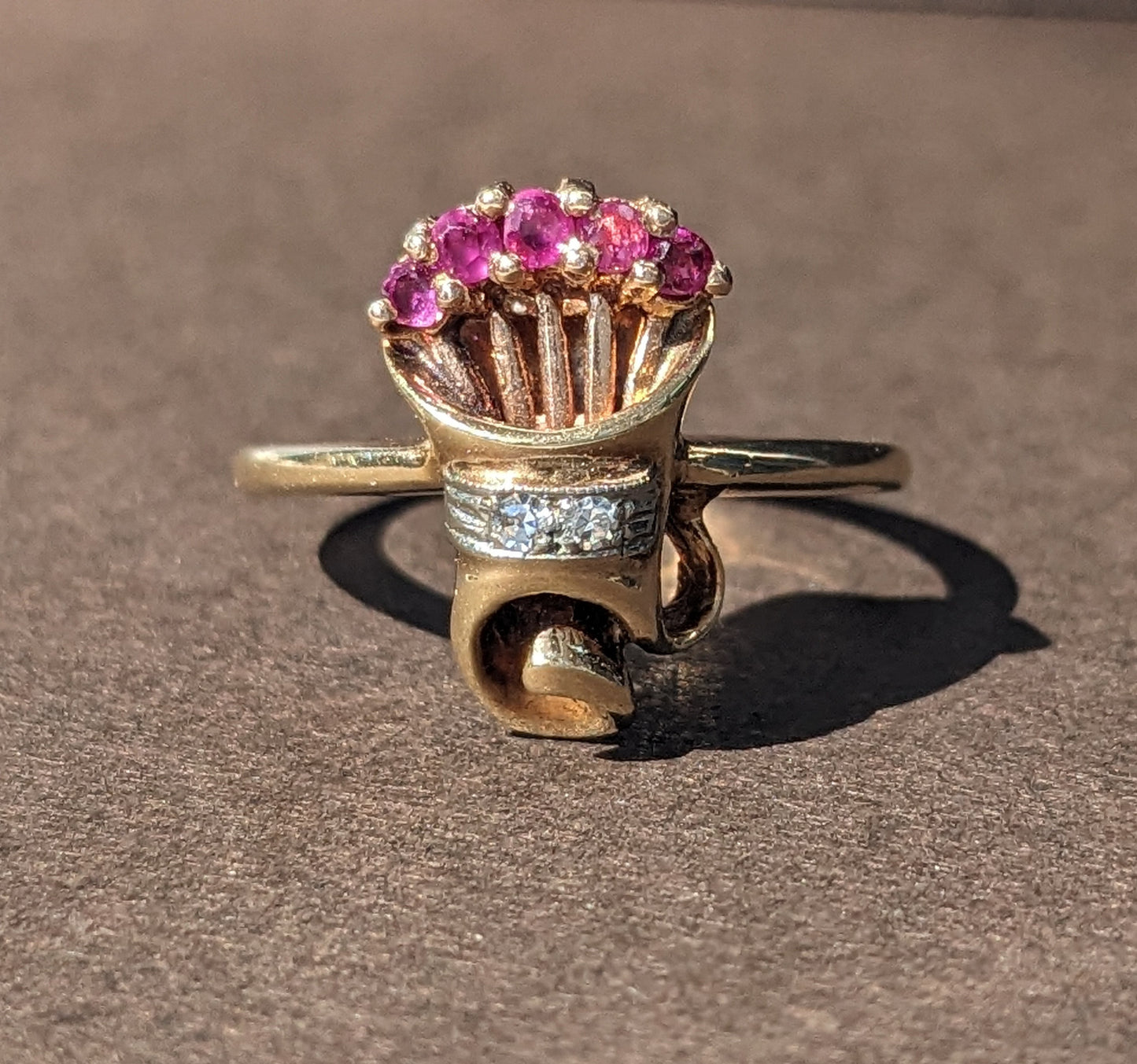 1940s Bill Blass, Diamond, and Ruby Bouquet Ring