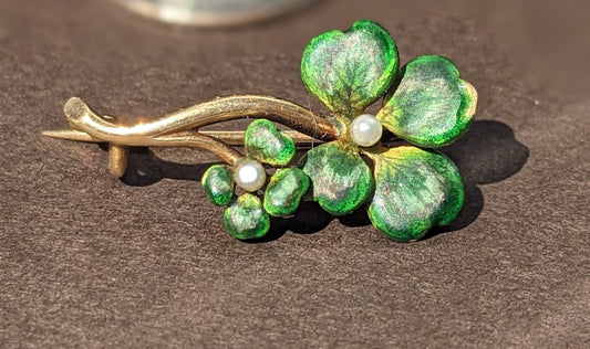 Early 1900s 14k Gold and Enamel Shamrock Brooch