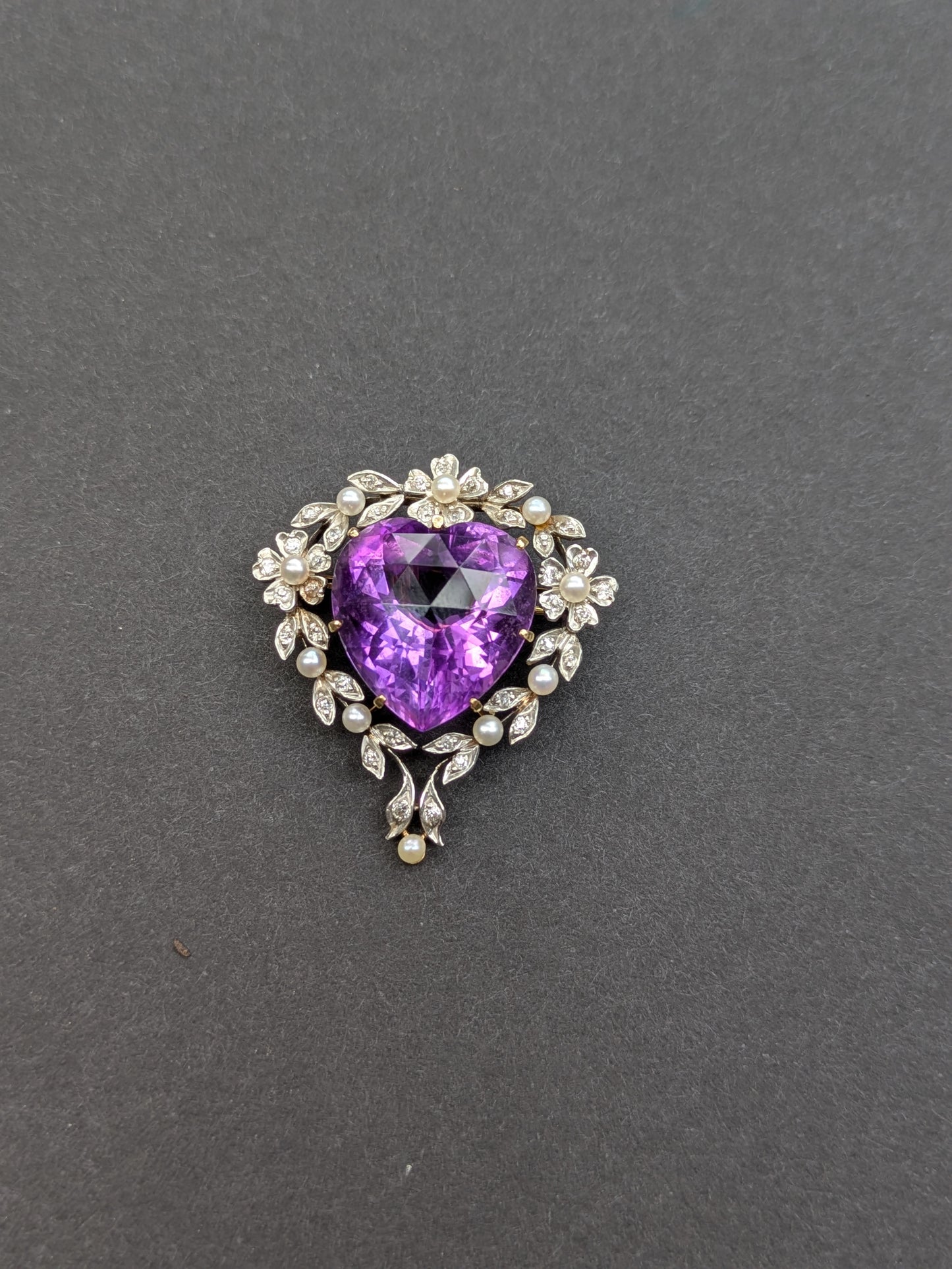 14k Edwardian Amethyst, Pearl, Diamond, and Platinum Pendant/Brooch