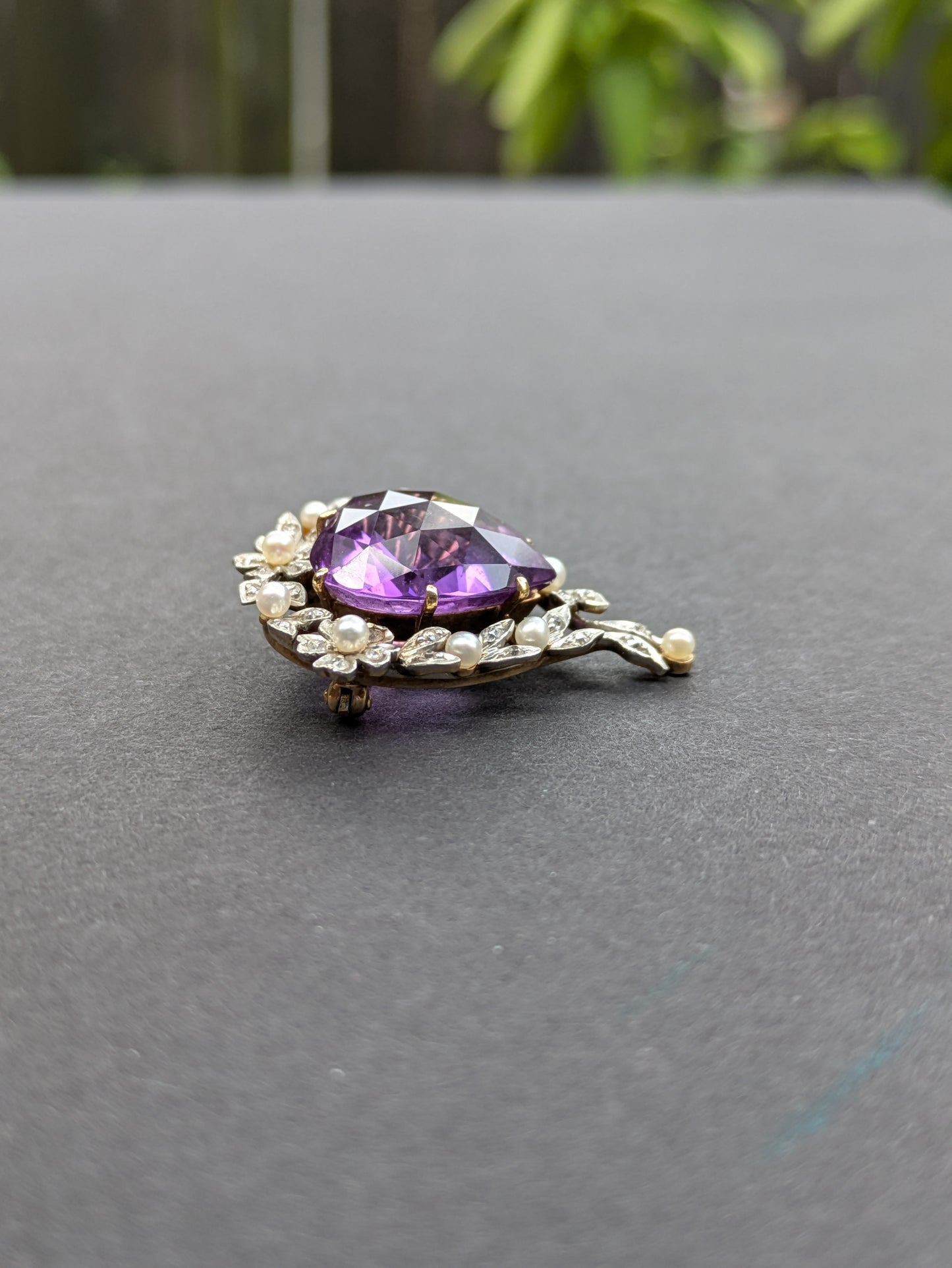 14k Edwardian Amethyst, Pearl, Diamond, and Platinum Pendant/Brooch