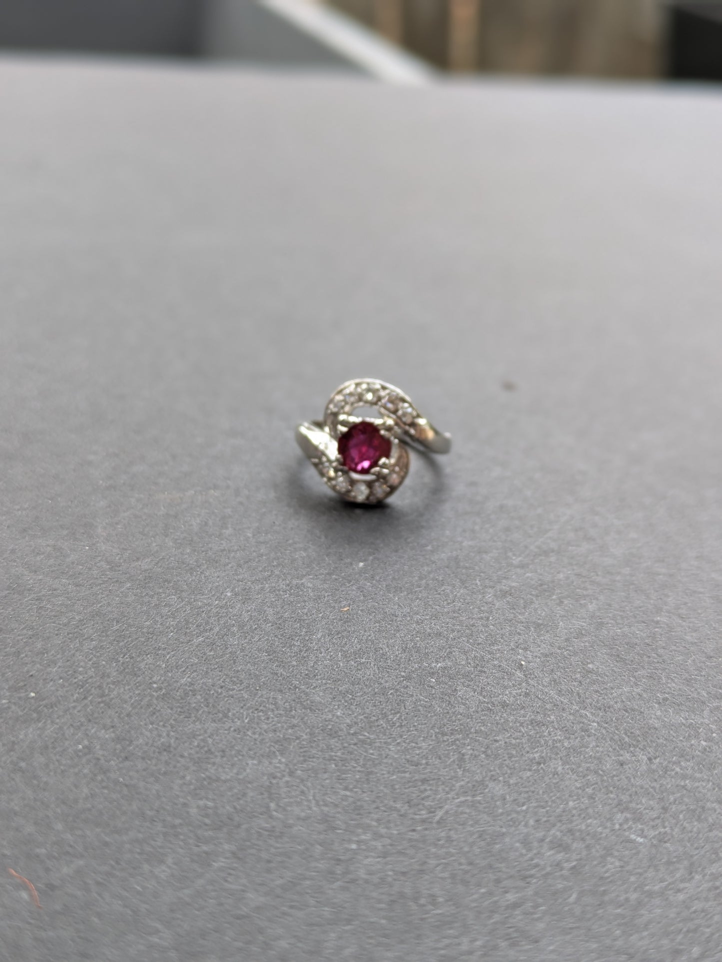 Platinum, Ruby, and Diamond Swirl Ring