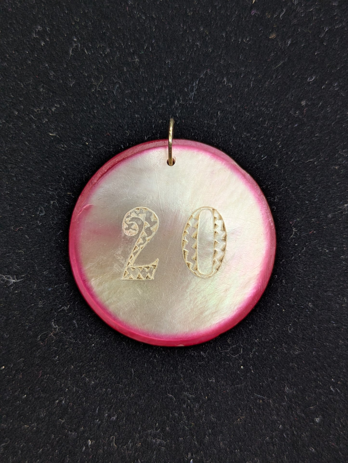 Round Pink Mother of Pearl Poker Chip with White Engraving "20"