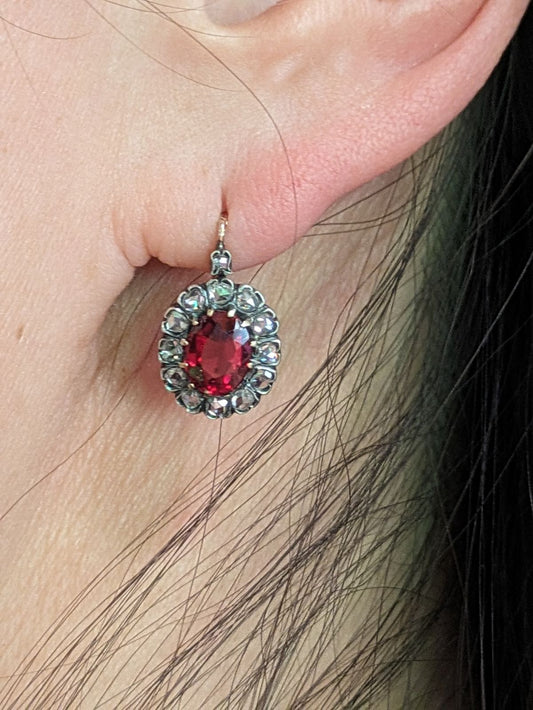 18k and Silver French Garnet and Rose Cut Diamond Lever Back Earrings