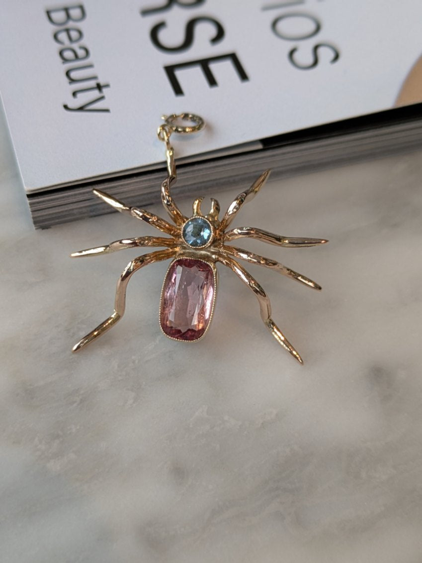 14k & 15k Blue and Pink Topaz Spider Pendant