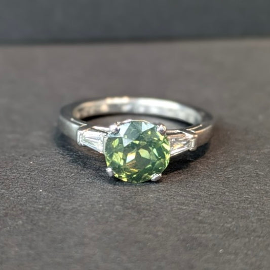 Green Sapphire and Diamond Platinum Ring