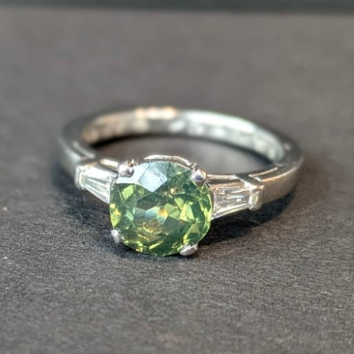 Green Sapphire and Diamond Platinum Ring