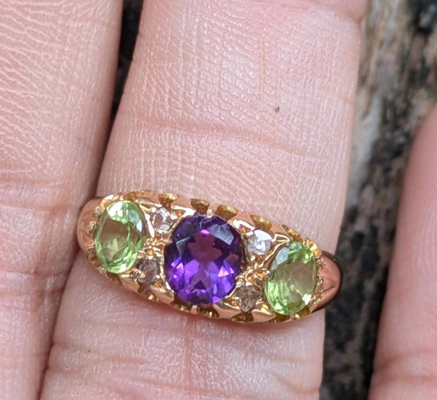 18k English Suffragette Ring with Peridot, Diamond, & Amethyst