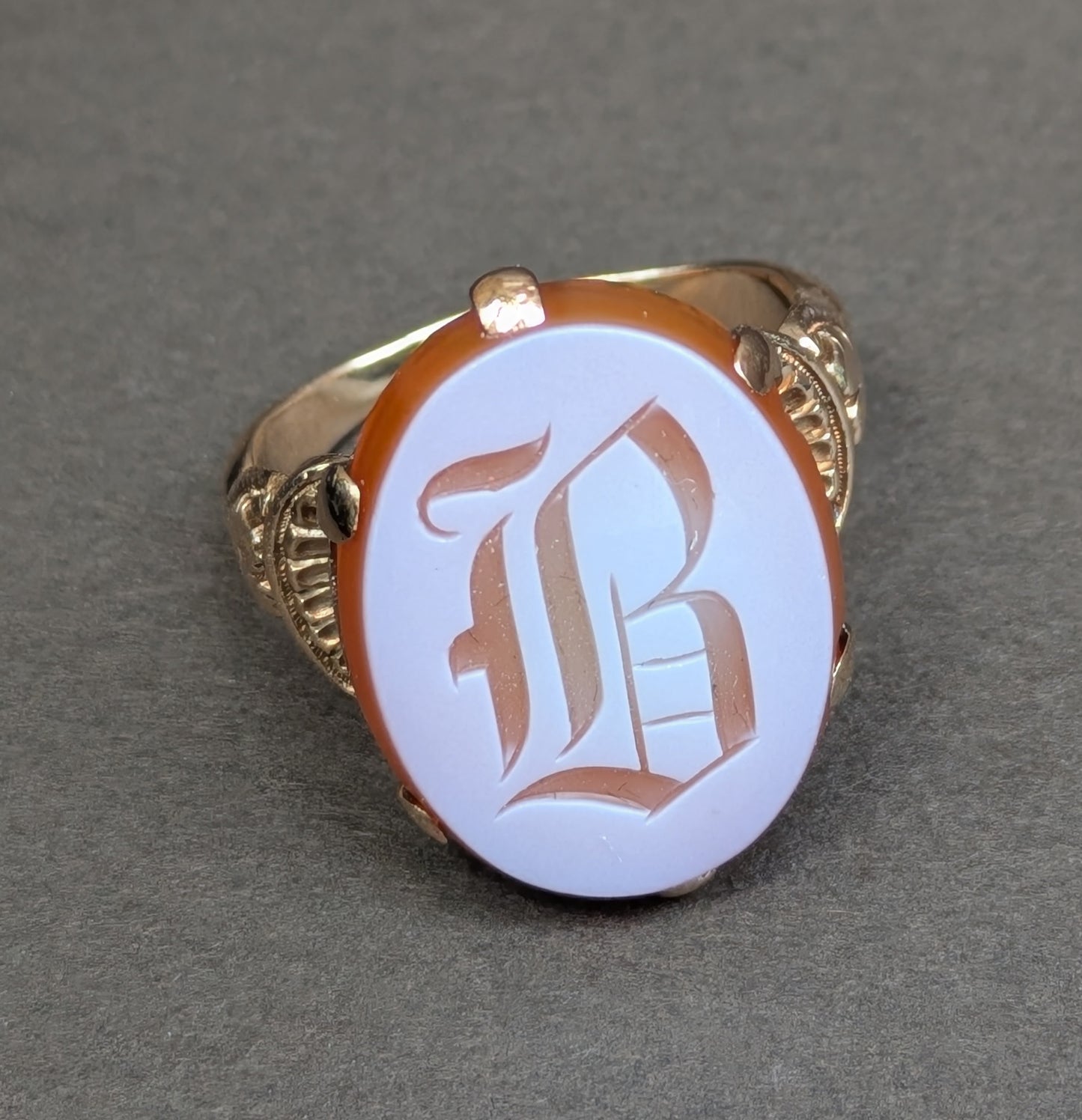 10kt Victorian Signet Ring with Carved Carnelian "B"