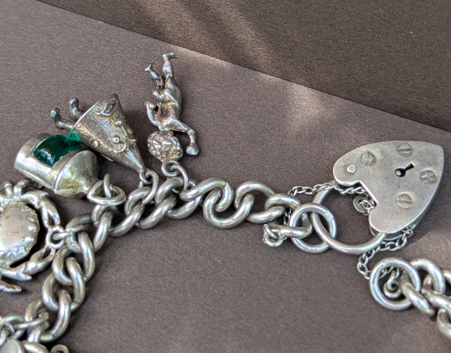 Elaborate English Sterling Charm Bracelet with Heart Clasp
