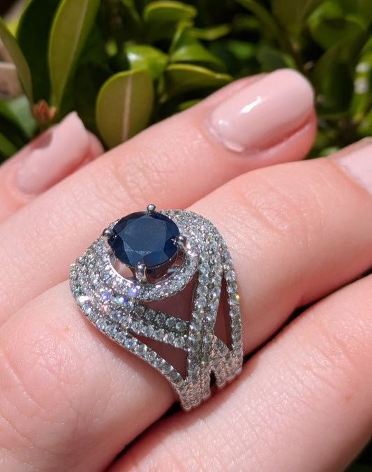 14kt White Gold Pave Diamond and 2ct Sapphire Ring