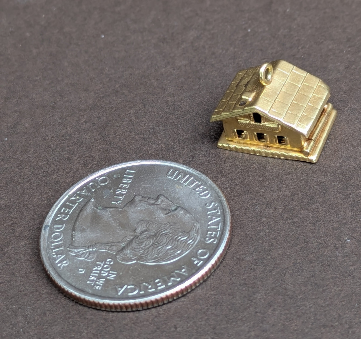 18k Articulated Swiss House Charm with 2 Enamel Hearts