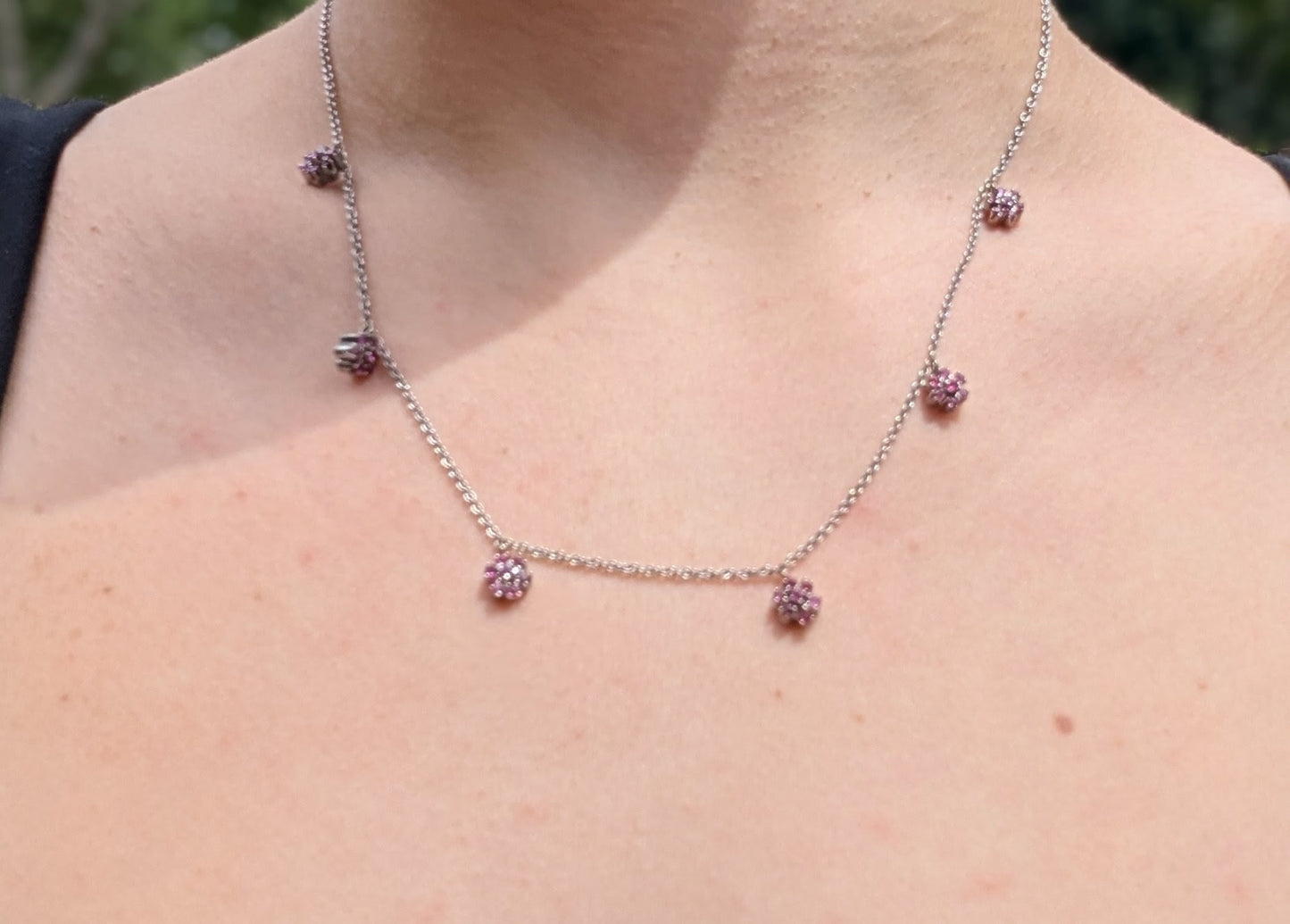 14k White Gold Ruby Flower Necklace Converted from Brooch