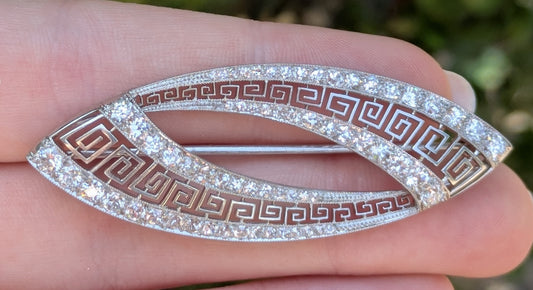 Art Deco Platinum Diamond Brooch Greek Key Pattern & Graduated OEC Diamonds