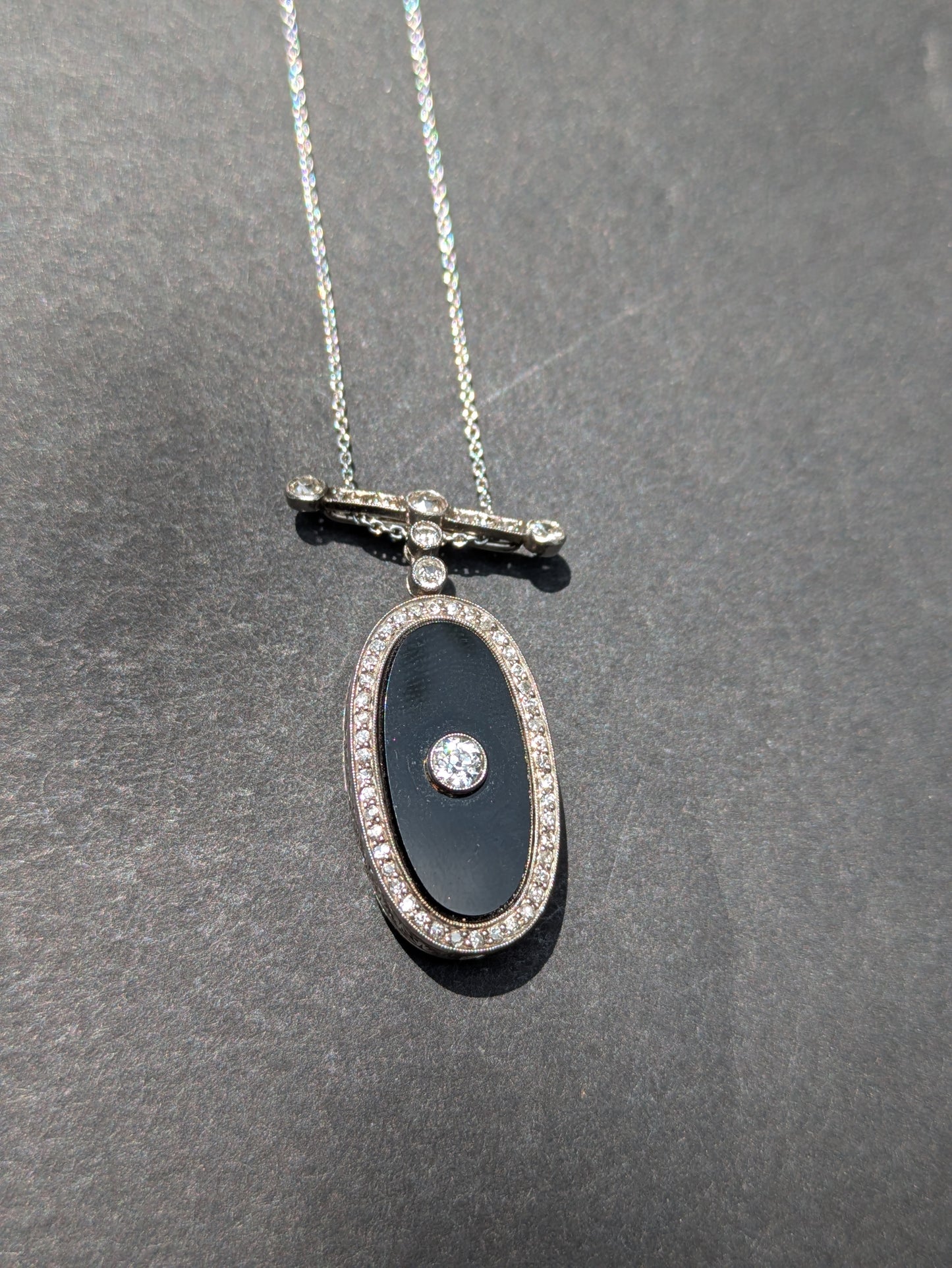 Art Deco Platinum Onyx and Diamond Watch Pendant on 14kt White Gold Chain