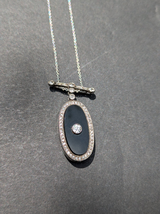 Art Deco Platinum Onyx and Diamond Watch Pendant on 14kt White Gold Chain
